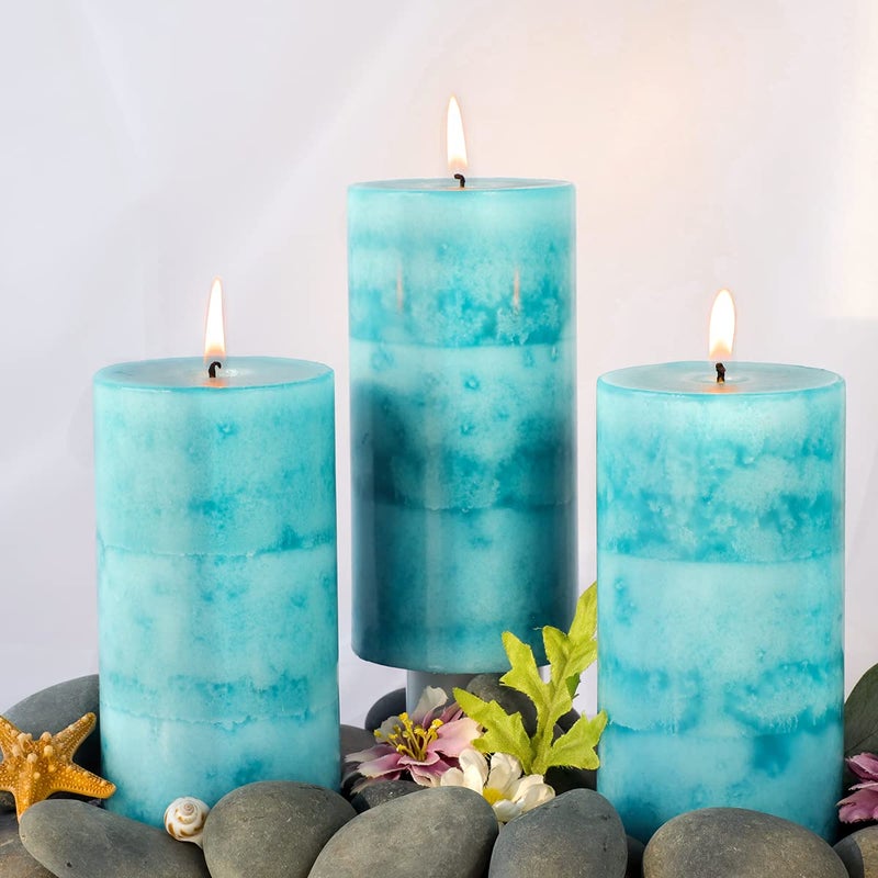 FLAVCHARM Pillar Candles Ocean Breeze Scented 3x6 inch Long-Lasting Clean Burning Candle 3 Pack Teal Turquoise Candles Coastal Themed Ocean Marine Rustic Decor for Home Bathroom Wedding - Image 1